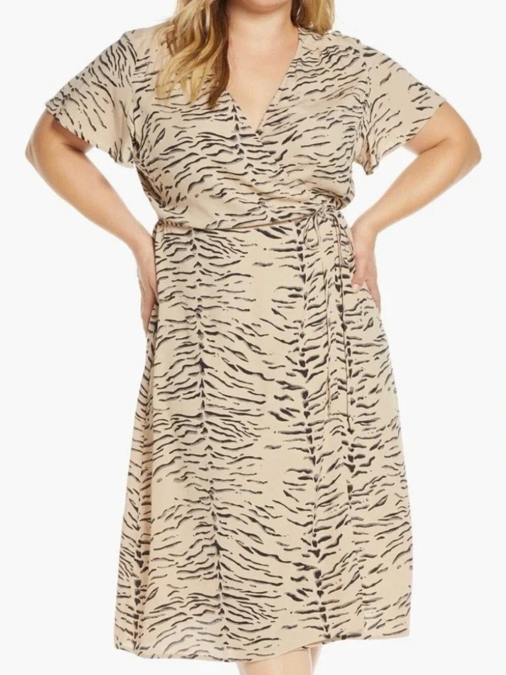 NWT Leith Tan Leopard Animal Print Flutter Sleeve Wrap Midi Dress 2X